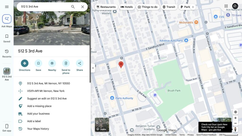 Map showing JC Snow Removal at 512 S 3rd Ave, Mt Vernon, NY 10550