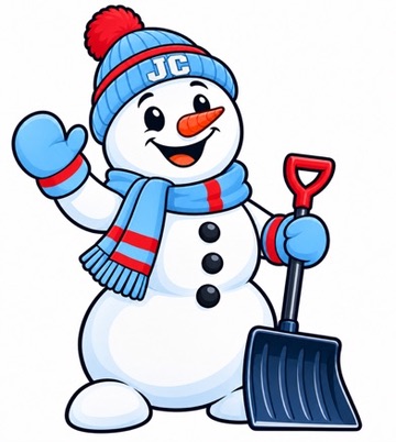 JC Snow snowman mascot waving and holding a snow shovel