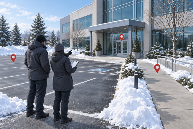 Illustration of a commercial snow-removal site walk highlighting parking, entrances and pedestrian access.