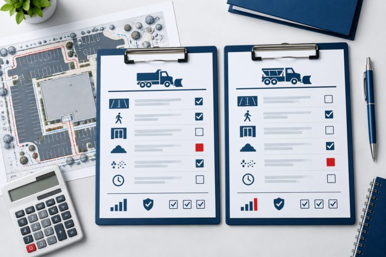 Illustration comparing snow-removal proposals, service checklists and a commercial property plan.