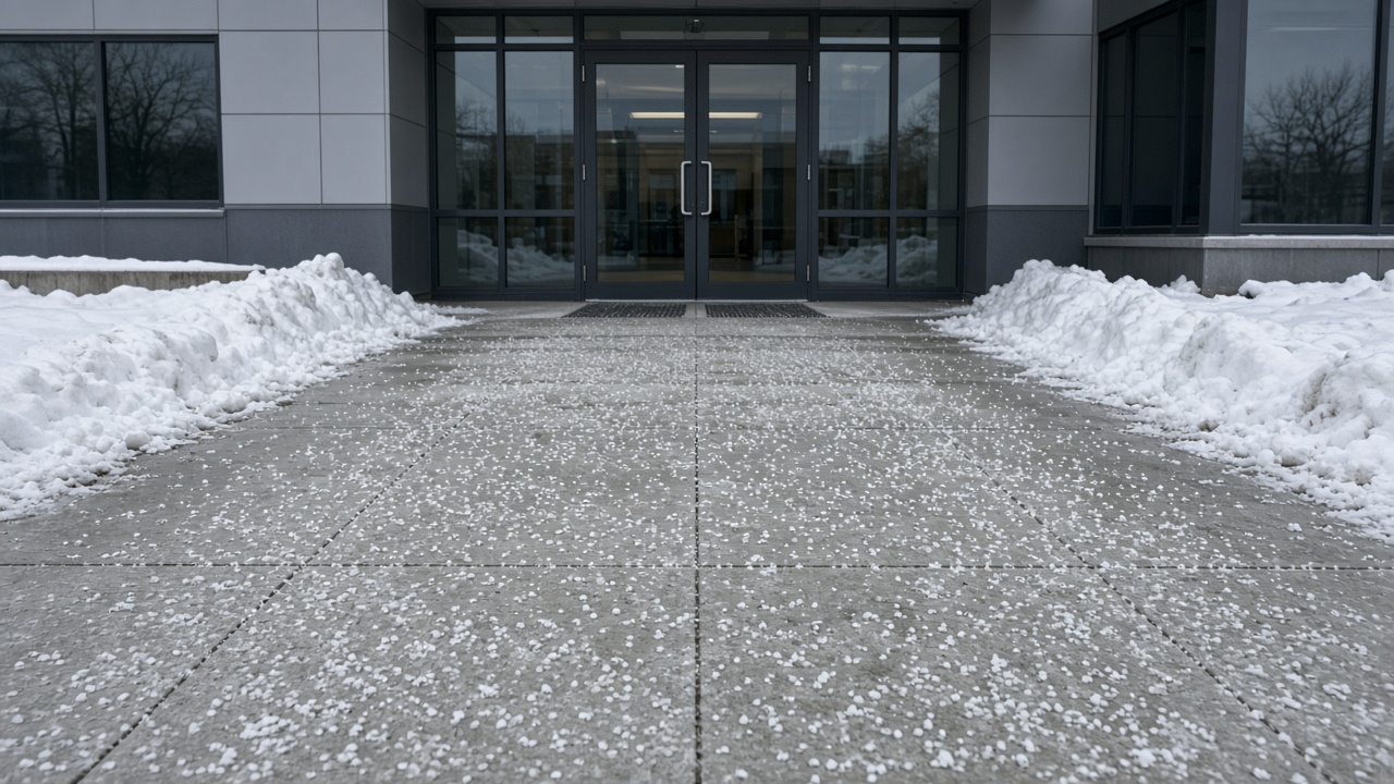 Salted walkway at a commercial building entrance