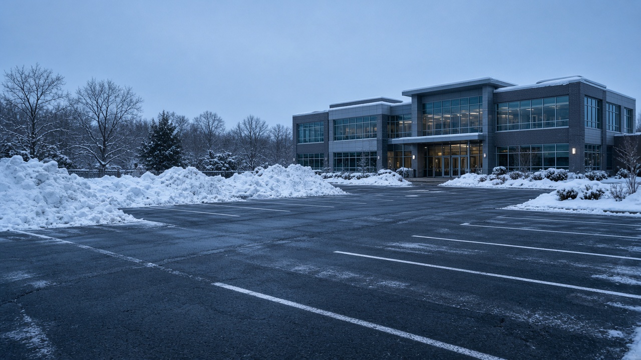 Plowed commercial parking lot at a Westchester NY office park