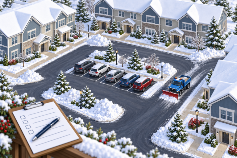 Illustration of HOA snow removal with a plow clearing shared roads beside resident parking and walkways.