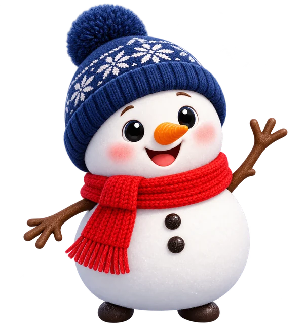 JC Snow snowman mascot in a navy hat and red scarf, waving