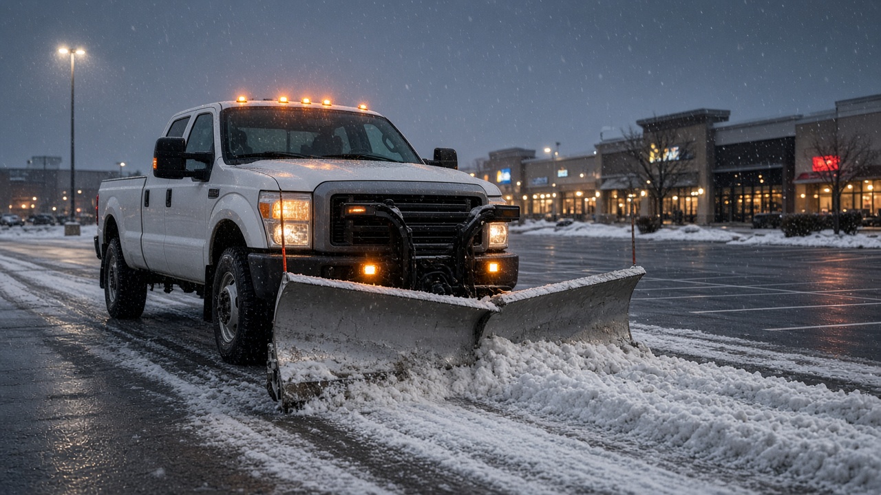 Snow plow truck clearing a commercial parking lot